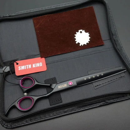 Professional Pet Grooming Scissors Kit – 7” Straight, Thinning, Chunker & Curved Shears with Leather Case for Dogs & Cats