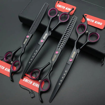Professional Pet Grooming Scissors Kit – 7” Straight, Thinning, Chunker & Curved Shears with Leather Case for Dogs & Cats