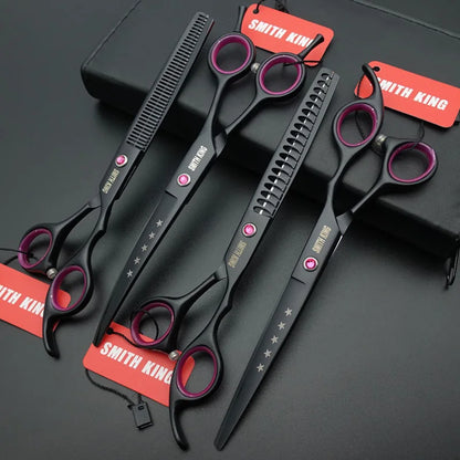 Professional Pet Grooming Scissors Kit – 7” Straight, Thinning, Chunker & Curved Shears with Leather Case for Dogs & Cats