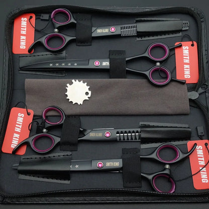 Professional Pet Grooming Scissors Kit – 7” Straight, Thinning, Chunker & Curved Shears with Leather Case for Dogs & Cats