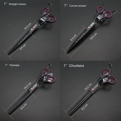 Professional Pet Grooming Scissors Kit – 7” Straight, Thinning, Chunker & Curved Shears with Leather Case for Dogs & Cats