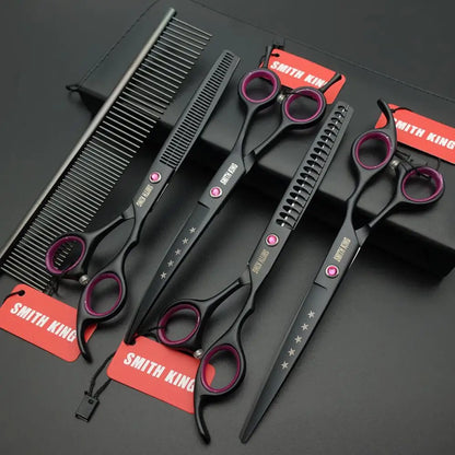 Professional Pet Grooming Scissors Kit – 7” Straight, Thinning, Chunker & Curved Shears with Leather Case for Dogs & Cats