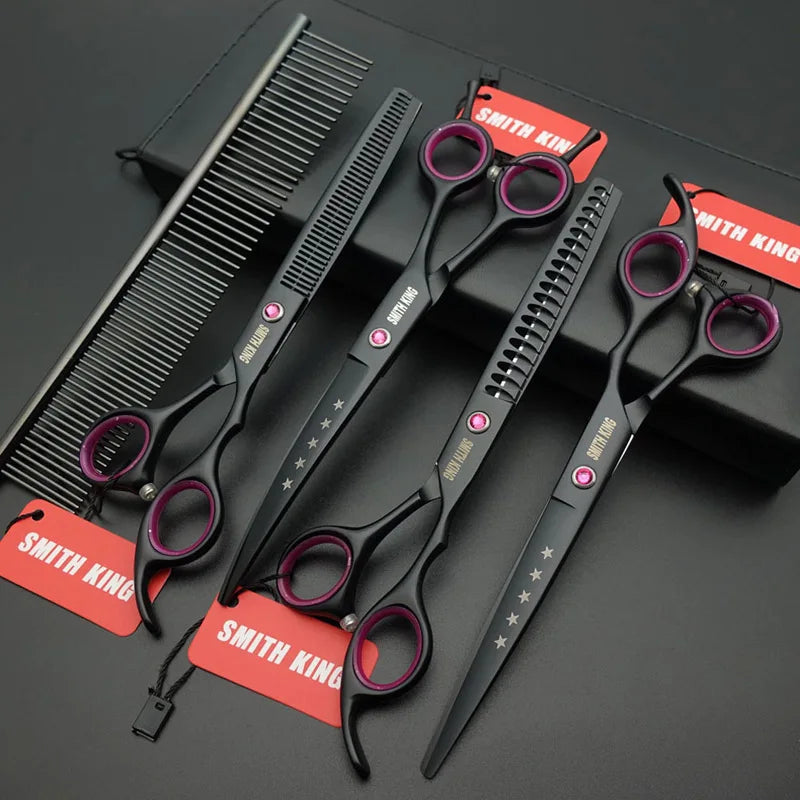 Professional Pet Grooming Scissors Kit – 7” Straight, Thinning, Chunker & Curved Shears with Leather Case for Dogs & Cats